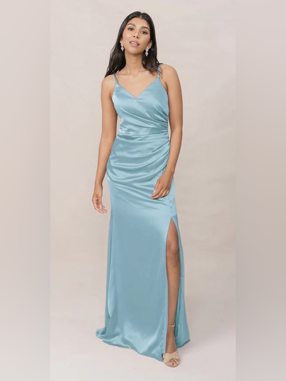 Revelry “Rory Satin Dress” with Side Ruched Detail - Light Blue, size 4